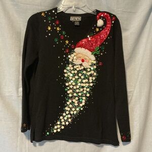 Vintage Berek Sequin Santa Christmas Pullover Black Sweater Embellished Sm